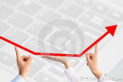 The perks of teamwork suggested by a growth arrow going up, held by three business peopleâ€™s hands on technology motif background Stock Photo